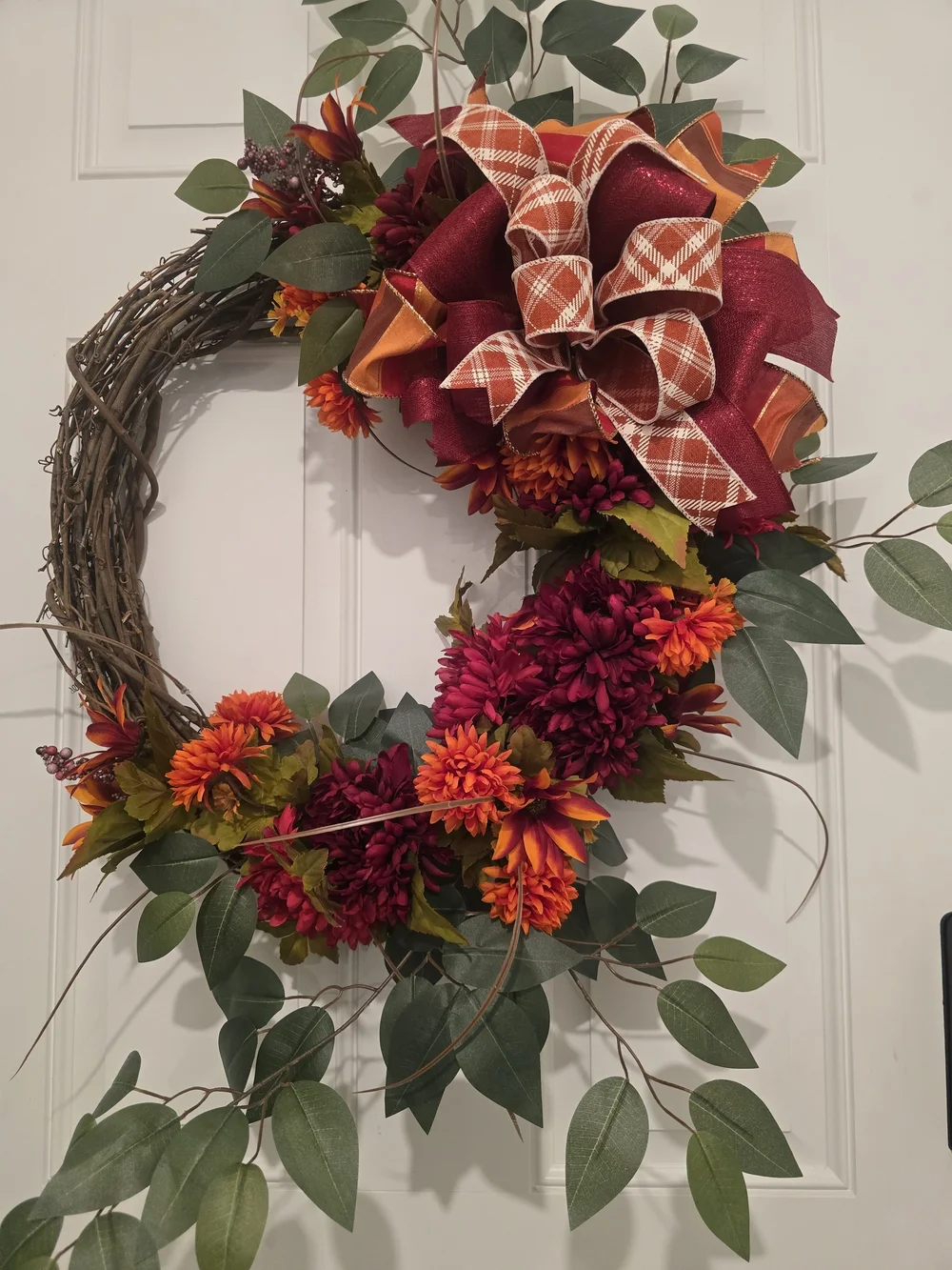 Autumn Grapevine Wreath with Burgundy & Orange Bow Fall